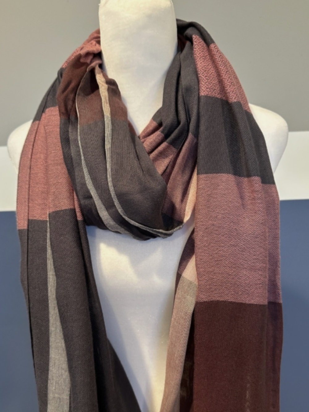 LOFT Pink, Navy Blue, Maroon and White Striped/Plaid Scarf With Fringe NWT!!